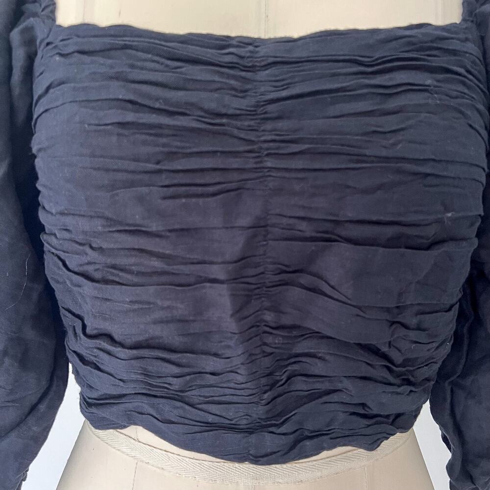 Posse Womens SMALL Black Linen Ivy Blouse Smocked Ruched Cropped Puff Sleeve - Picture 2 of 10
